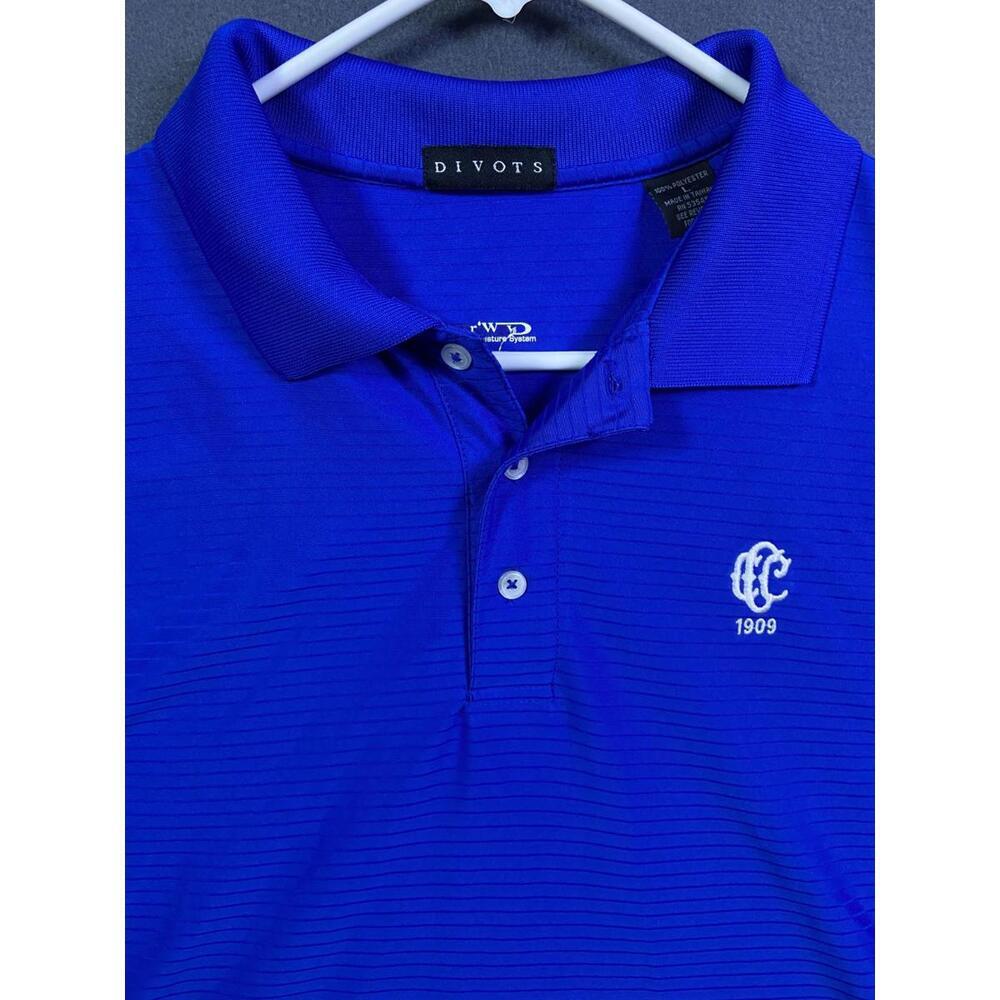 Divots Golf Polo Men L Performance Dry Striped Shirt Wicking Blue Columbus GA